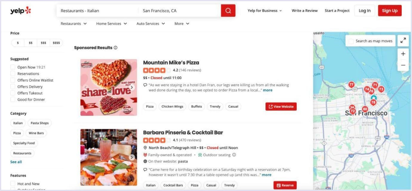 Yelp search results for Italian restaurants in San Francisco with map view