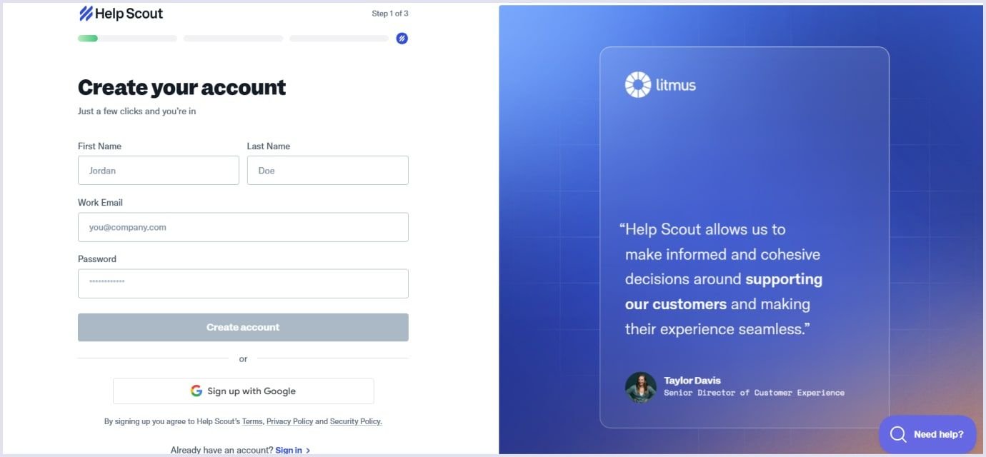 Help Scout's sign-up form