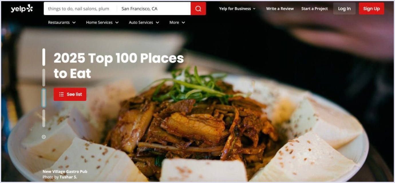 Yelp homepage showcasing 2025 Top 100 Places to Eat