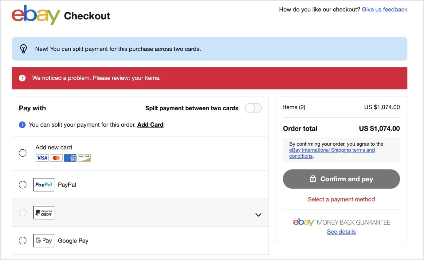 Example of a checkout page and payment methods