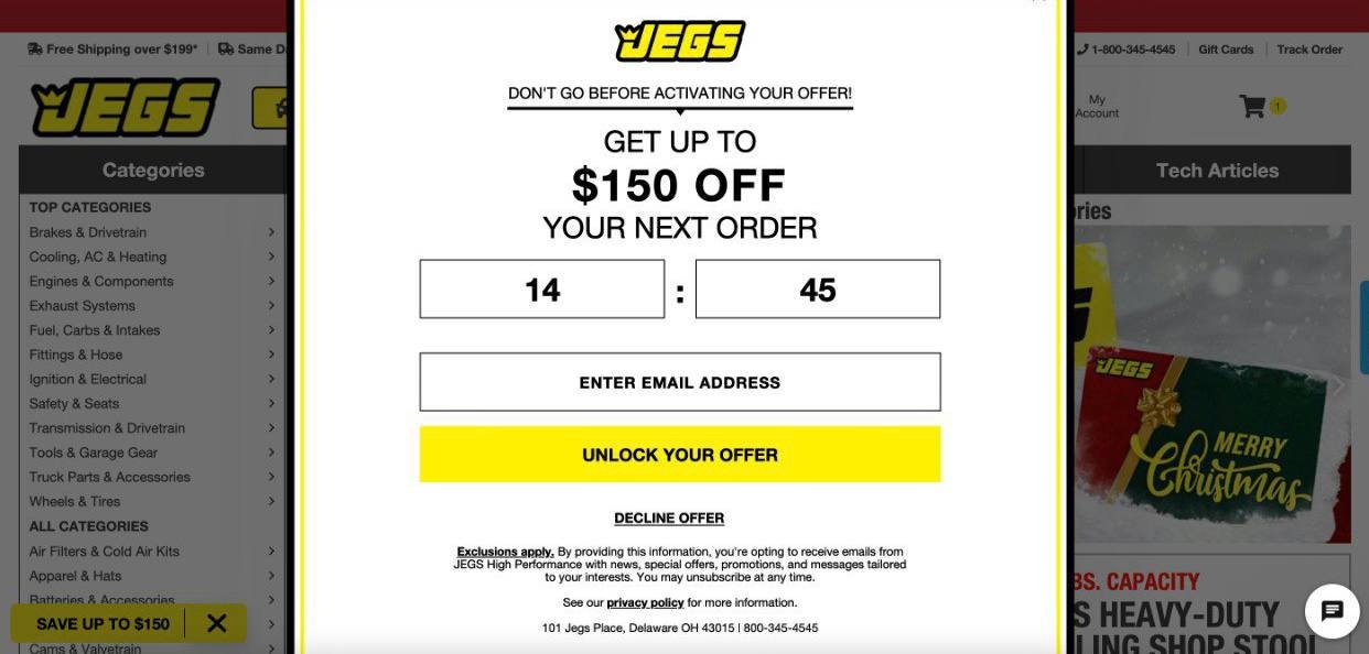 JEGS website popup offering up to $150 off the next order