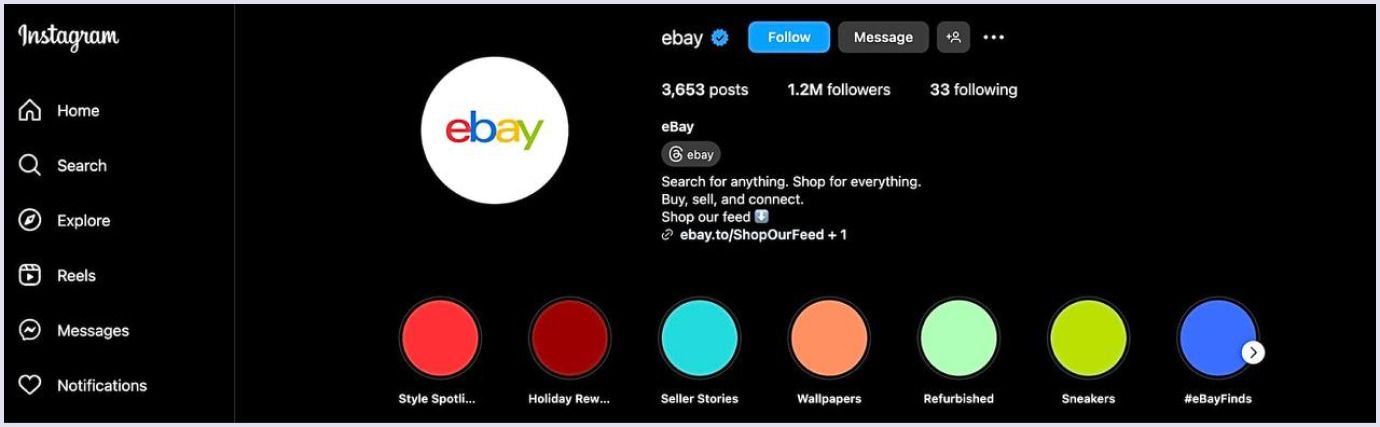 Screenshot of eBay's Instagram profile with 1.2M followers and featured content categories