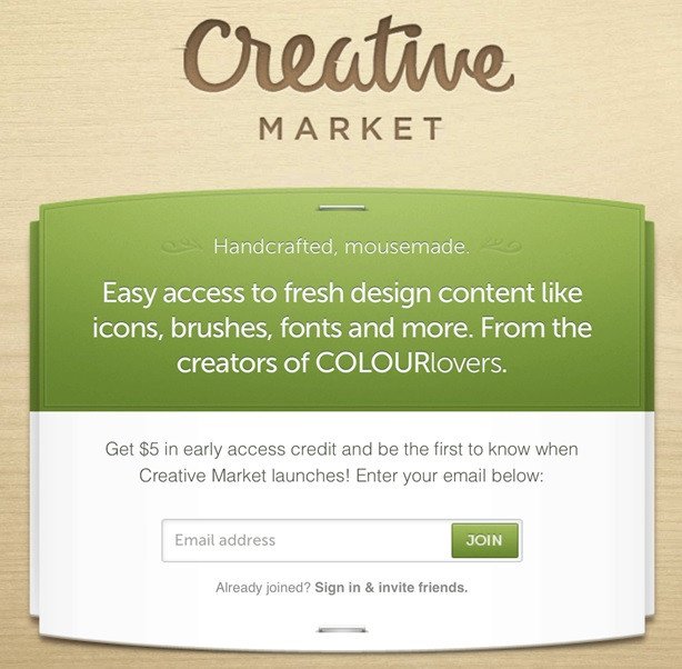 Prelaunch landing page of Creative Market | Codica