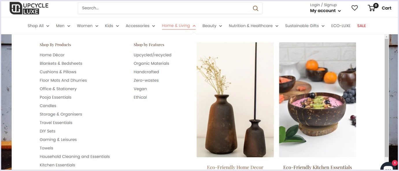 Product categories of Upcycleluxe sustainable marketplace