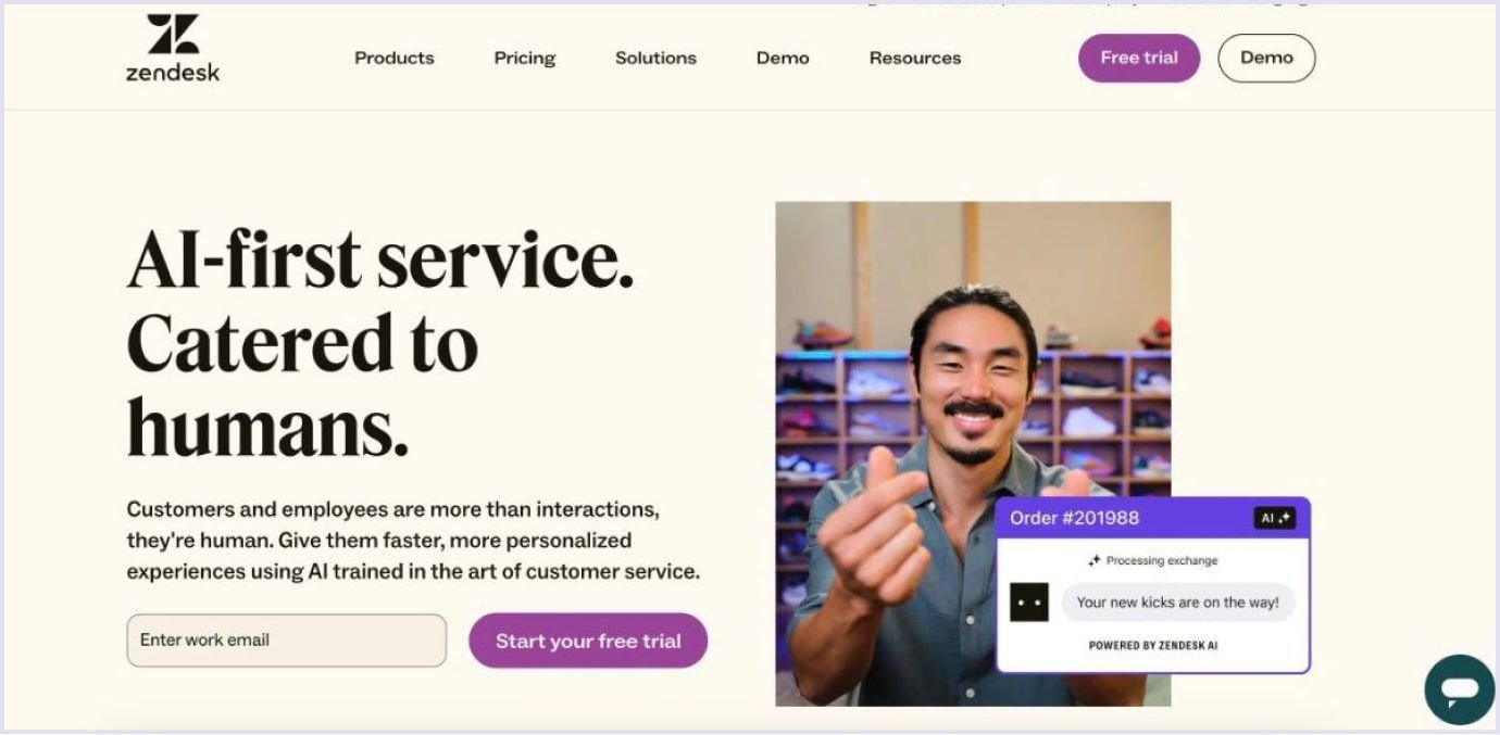 Zendesk website homepage with AI-powered customer service focus