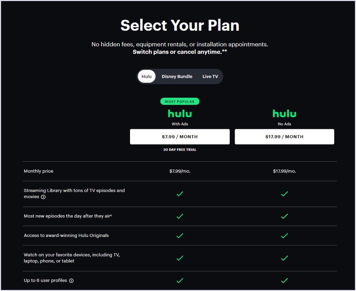 Hulu subscription plans