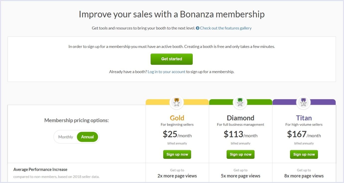 Bonanza B2C marketplace membership pricing