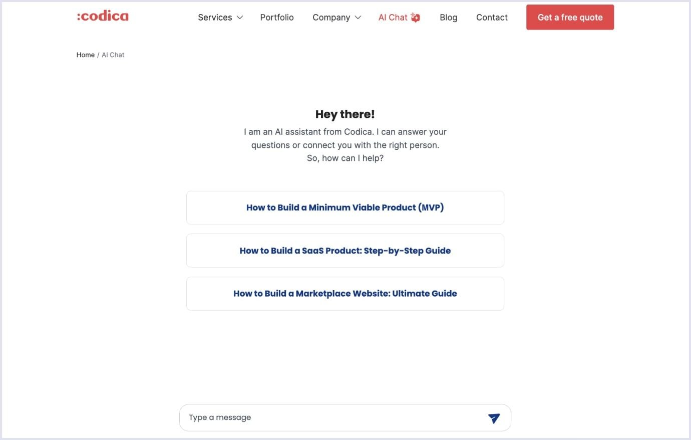 Codica AI Assistant Interface Screenshot of the Codica AI assistant page