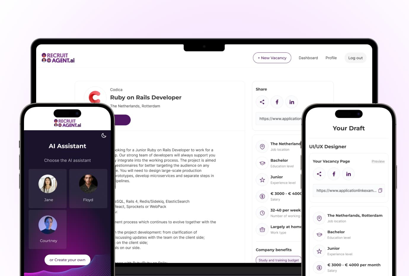 RecruitAgent.ai AI recruitment platform Screens of AI-powered job post creation and matching system