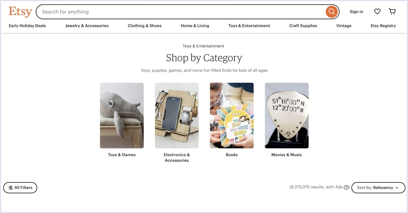 Etsy: product categories