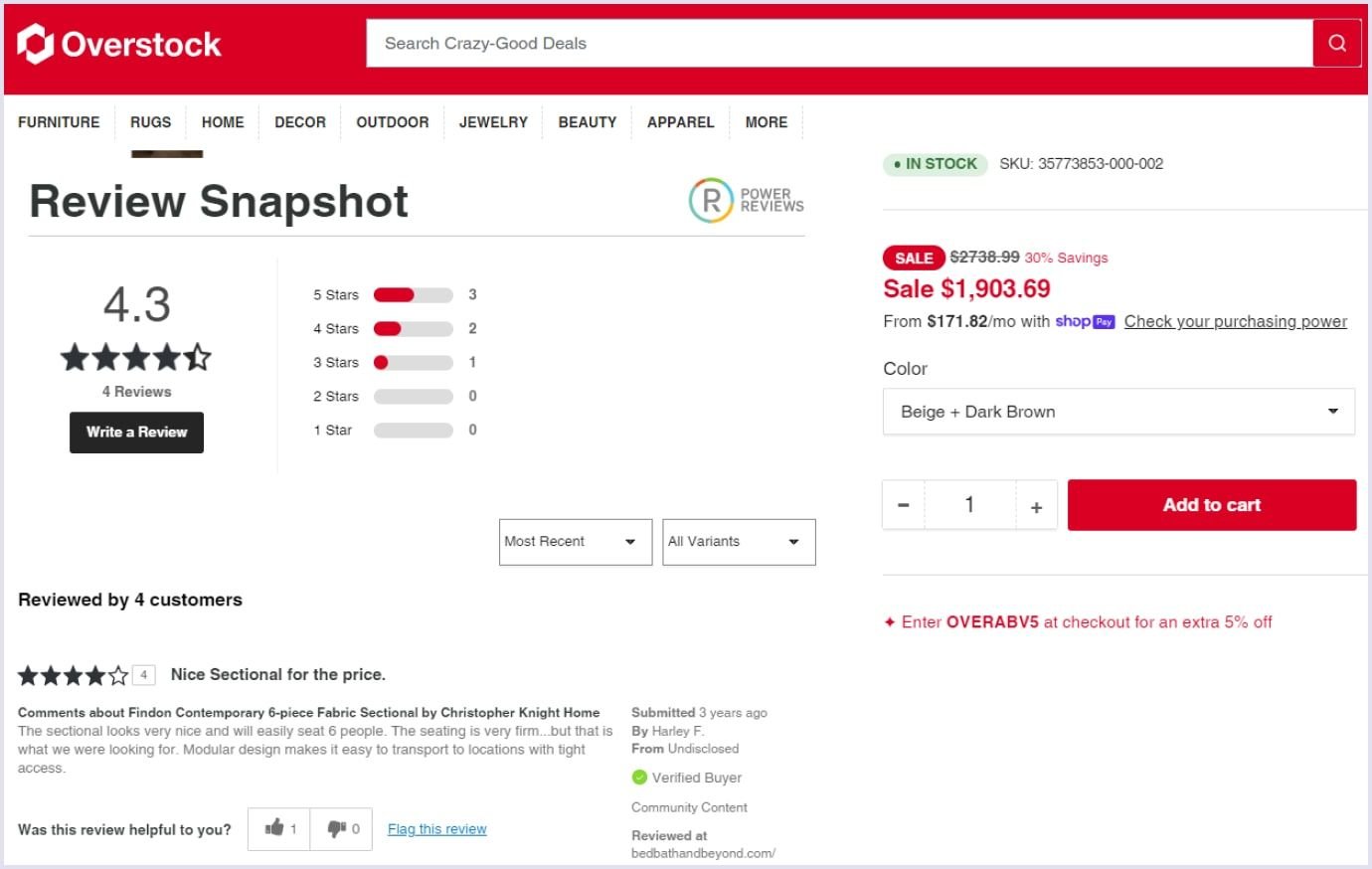 Overstock B2C marketplace ratings and reviews