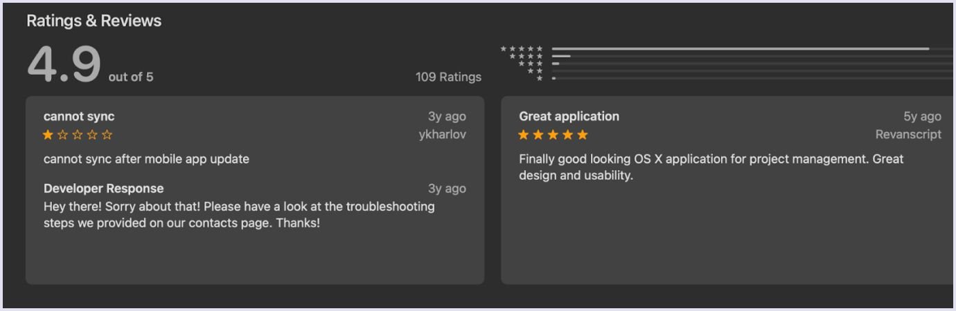 Example of ratings and reviews in AppStore